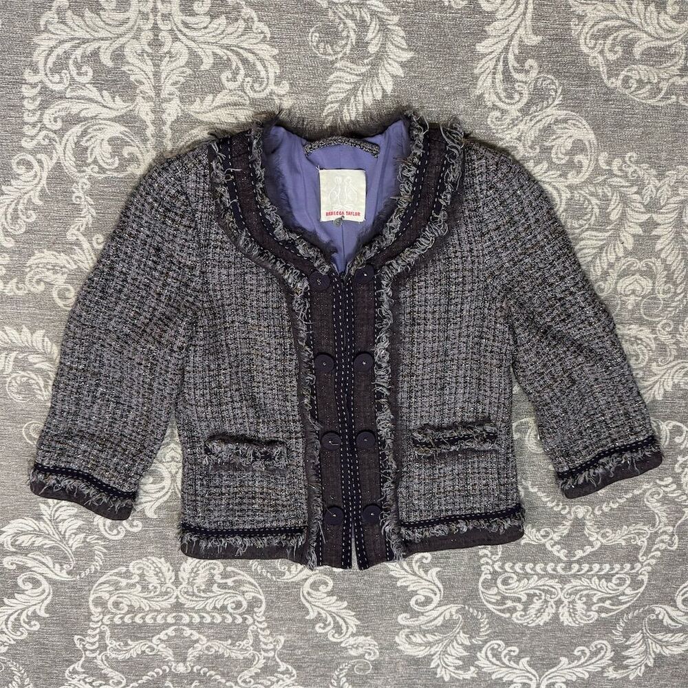 Rebecca Taylor Women's Blazer Size 2 Purple Silk Tweed Fringe Jacket